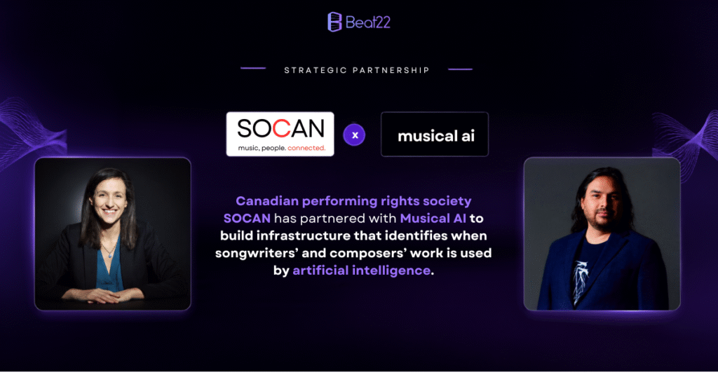 Canadian performing rights society SOCAN has partnered with Musical AI to build infrastructure that identifies when songwriters’ and composers’ work is used by artificial intelligence.